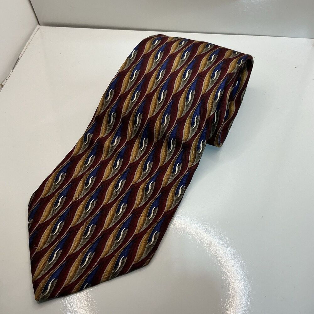 Oscar de la Renta Silk Tie Burgundy Blue Gold Abstract Wave Made in Mexico
